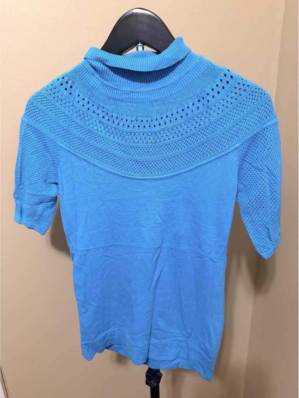 Cache Turquoise Mock Neck Knit Top Women’s Small Short Sleeve Sweater